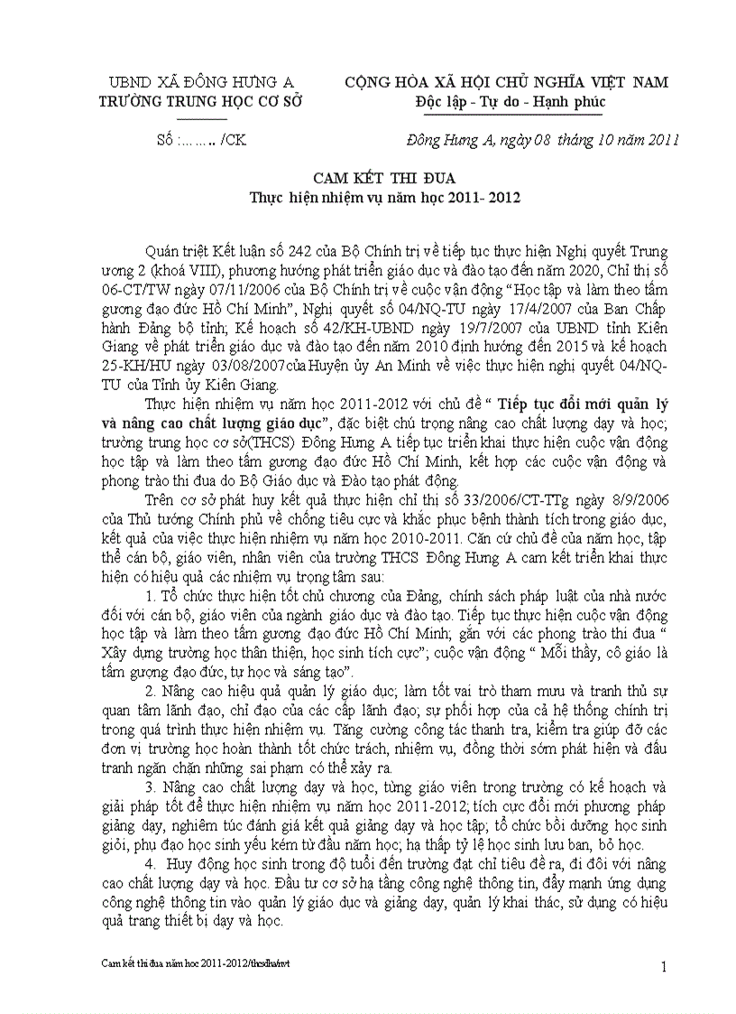 image for page Bản cam kết thi đua năm học của trường