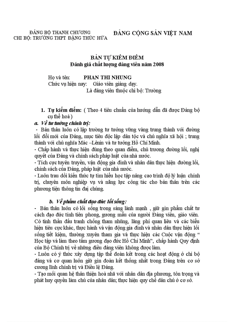Bản Kiểm điểm đảng Vien 2009