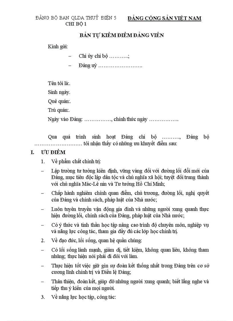 Bản Tự Kiểm điểm Chuyển Sinh Hoạt đảng