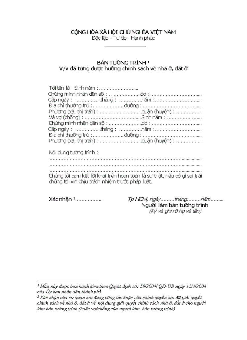 image for page Bản tường trình đã từng được hưởng chính sách về nhà ở đất ở