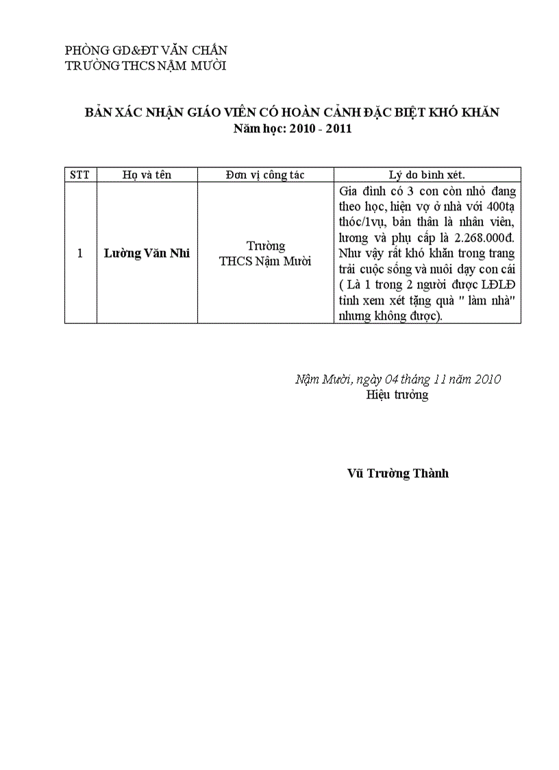 Bản xác nhận giáo viên có hoàn cảnh khó khăn năm 2010