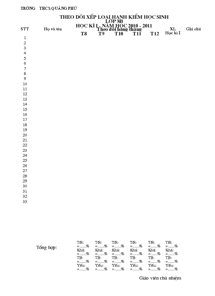 image for page Bảng theo dõi XL hạnh kiểm HS hàng tháng