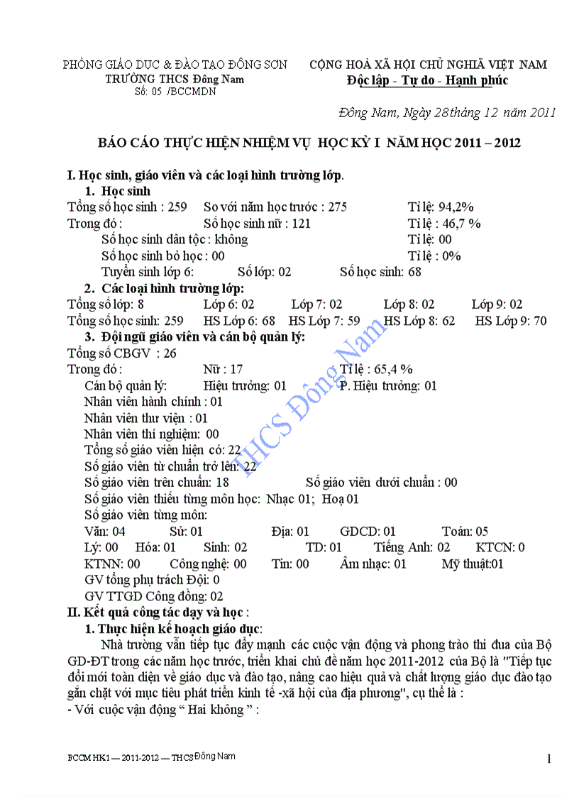 Báo cáo chuyên môn HK1 2011 2012