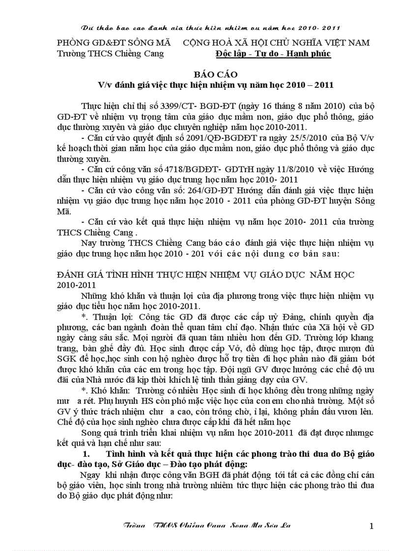 Báo cáo đánh giá thực hiện nhiêm vụ năm học 2010 2011