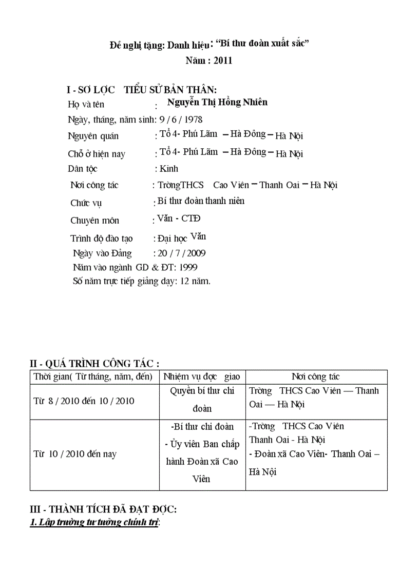 image for page Báo cáo thành tích cá nhân trong công tác Đoàn