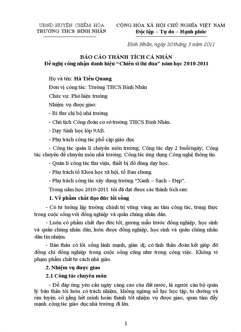 image for page Báo cáo thành tích CSTĐ năm học 2010 2011