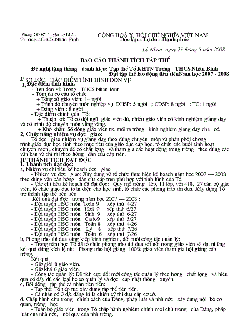 image for page Bao cao thanh tich tap the To KHTN