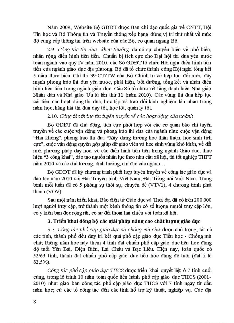 image for page Báo cáo thực hiện nhiệm vụ năm học của Bộ GD ĐT 2010