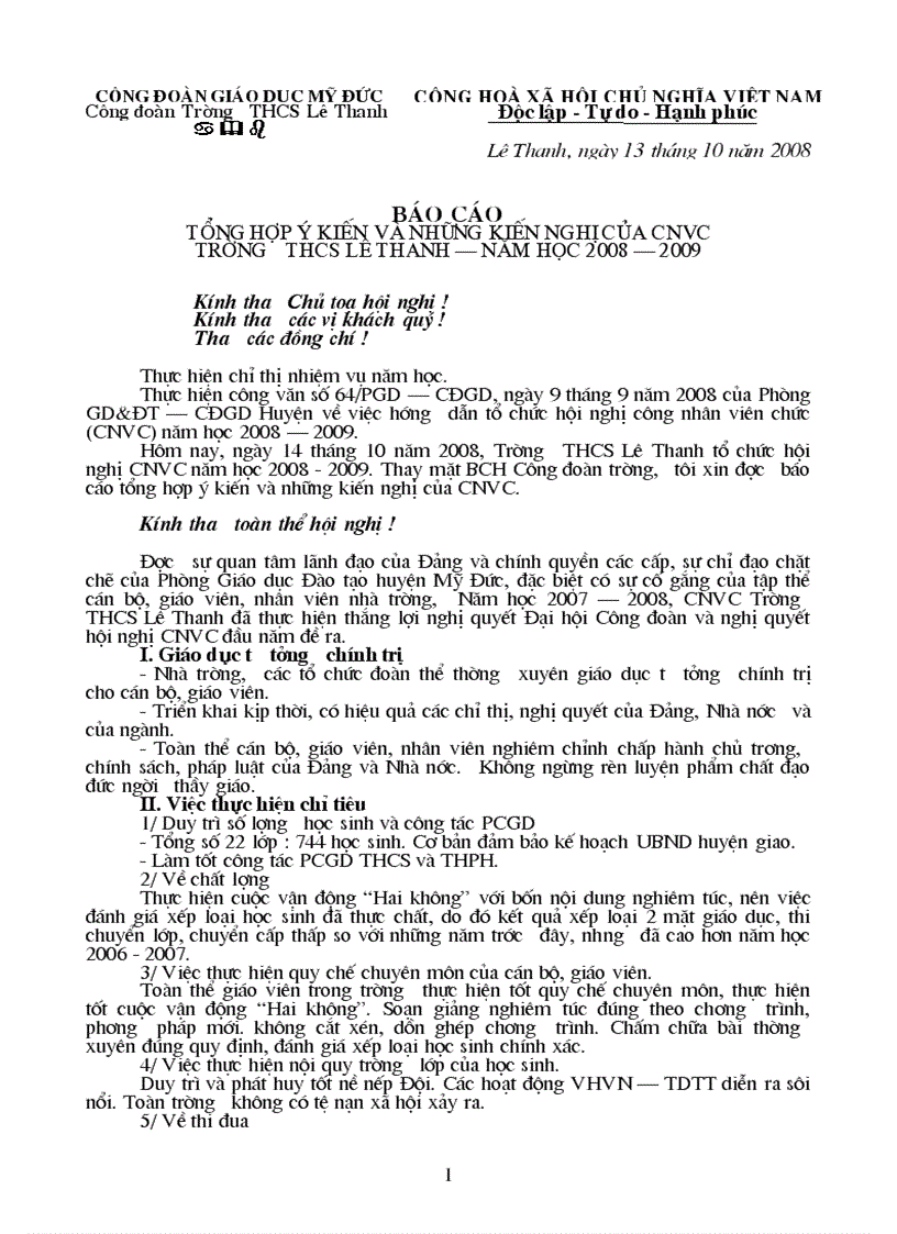 image for page Báo cáo tổng hợp ý kiến kiến nghị của CNVC năm học 2008 2009