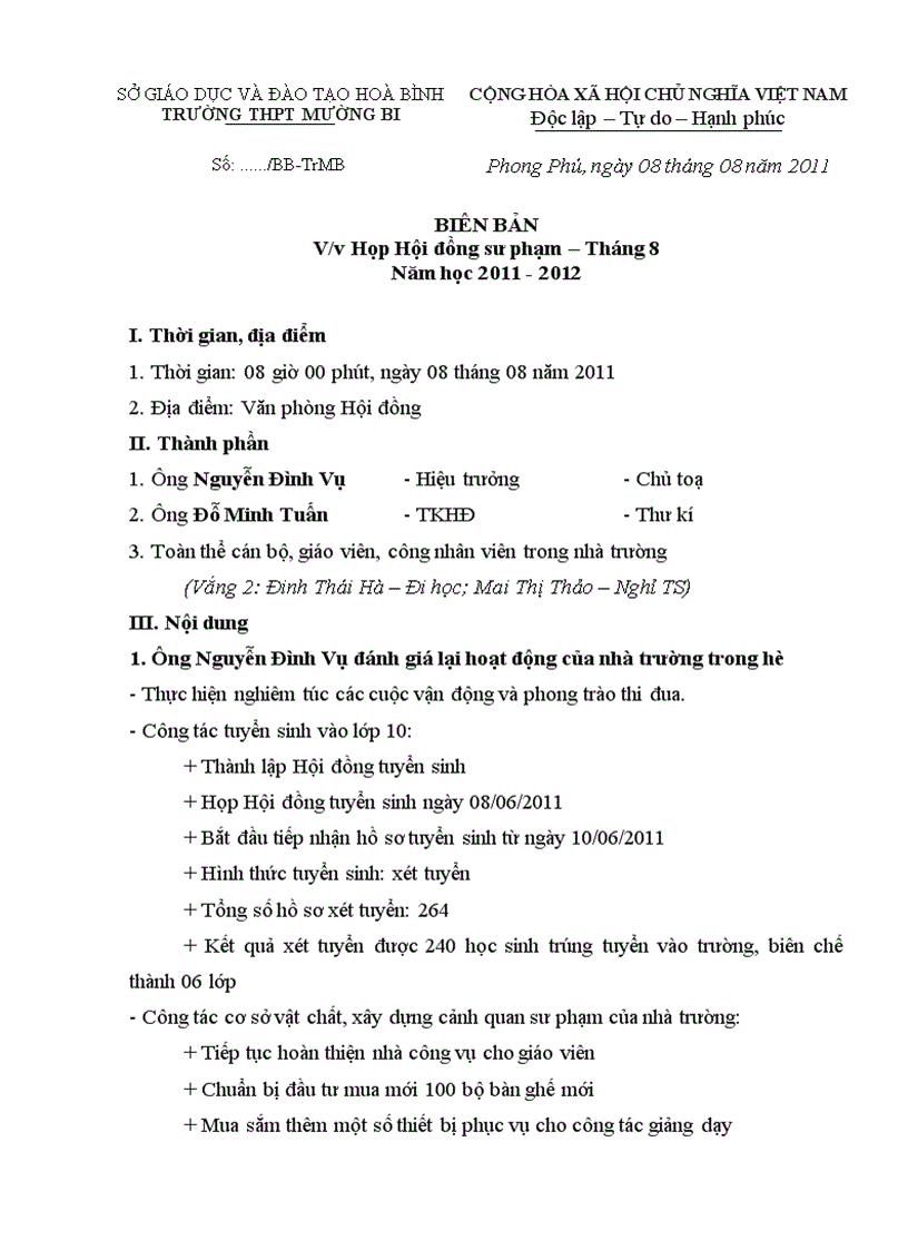 image for page Biên bản họp Hội đồng sư phạm