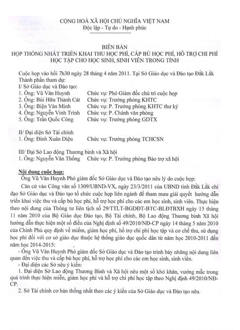 image for page Biên bản họp thống nhất triển khai thu học phí cấp bù học phí hỗ trợ chi phí học tập cho học sinh sinh viên tỉnh Đắk Lắk