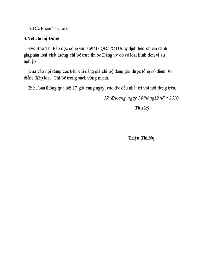 image for page Biên bản họp xét đánh giá chất lượng tổ chức cơ sở đảng và đảng viên năm 2010