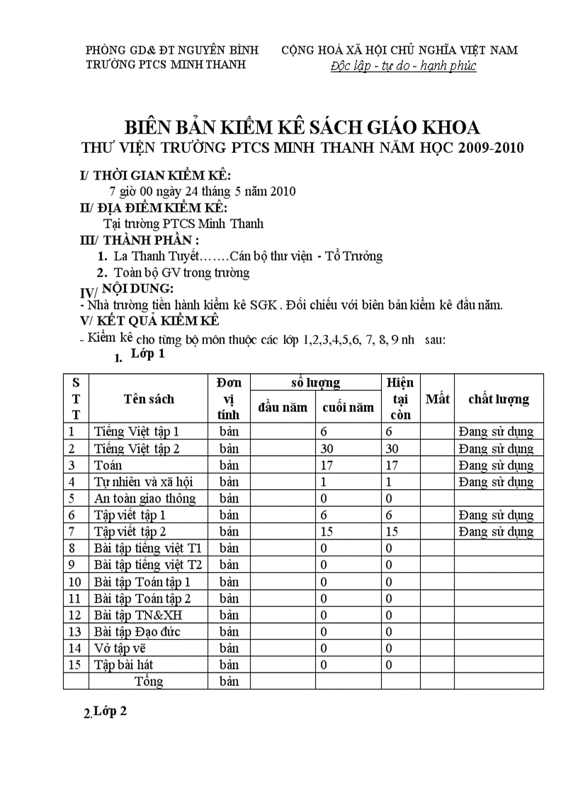 image for page Biên bản kiểm kê SGK