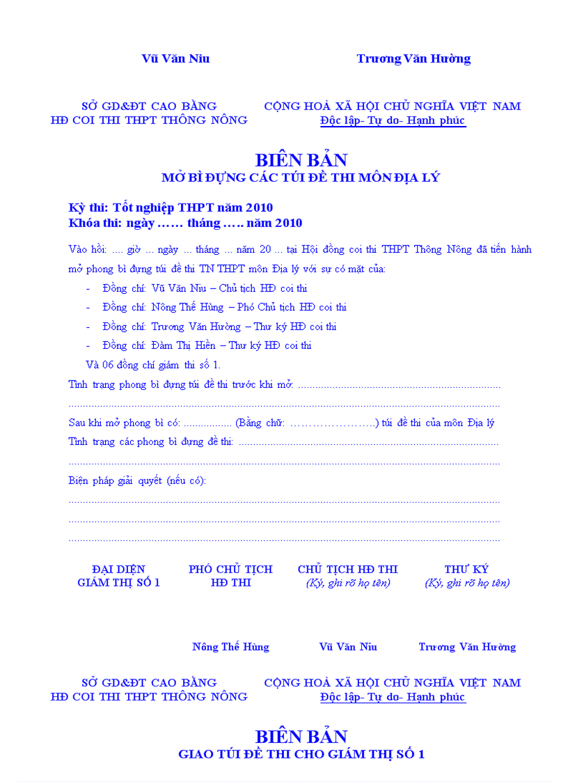 image for page Bien ban thi TN THPT cua Thu ky hoi dong TK1