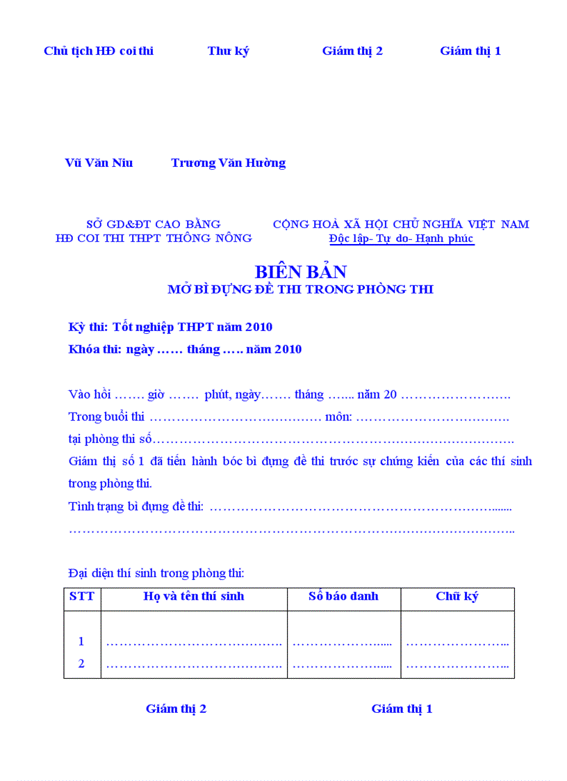 image for page Bien ban thi TN THPT cua Thu ky hoi dong TK1