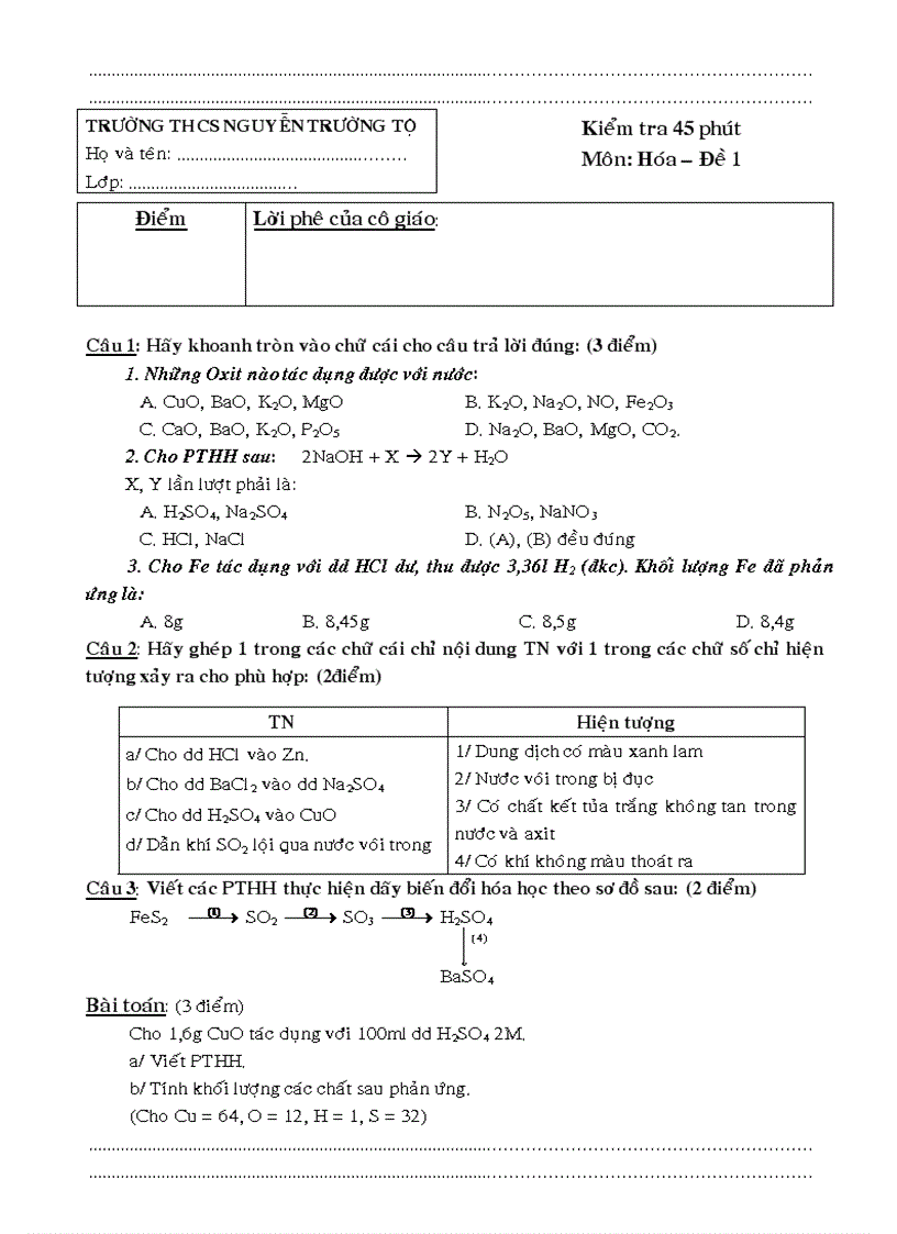 Bộ đề thi môn hóa THCS