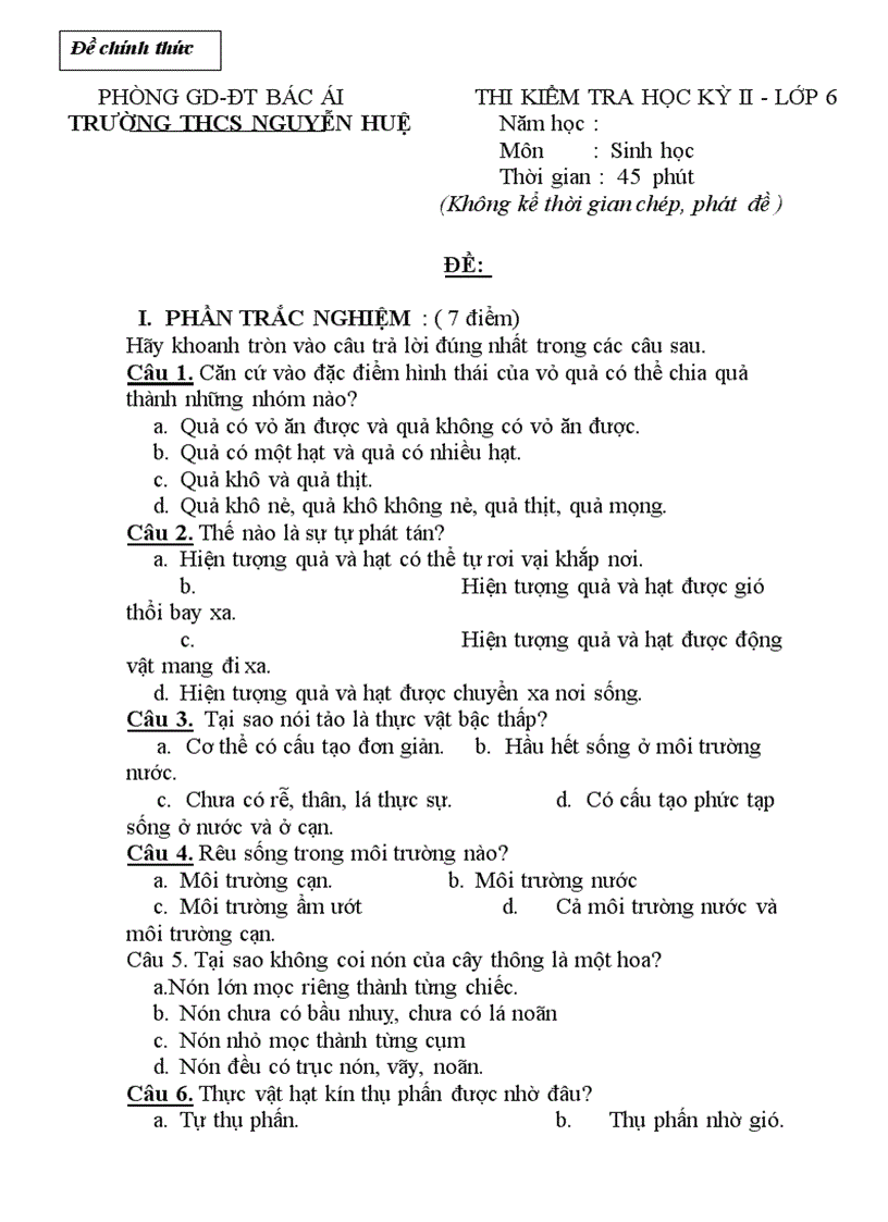 image for page Bộ đề thi Môn Sinh THCS