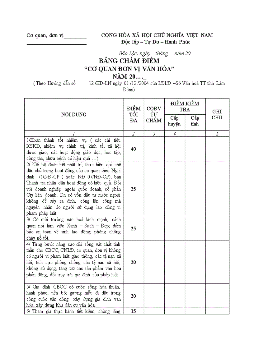 image for page Bảng chấm điểm cơ quan văn hóa 1