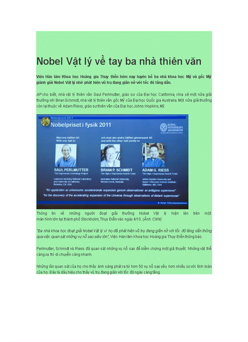 Các giải thưởng nobel năm 2011