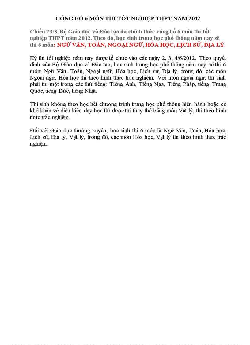 image for page Các môn thi Tốt nghiệp năm 2012