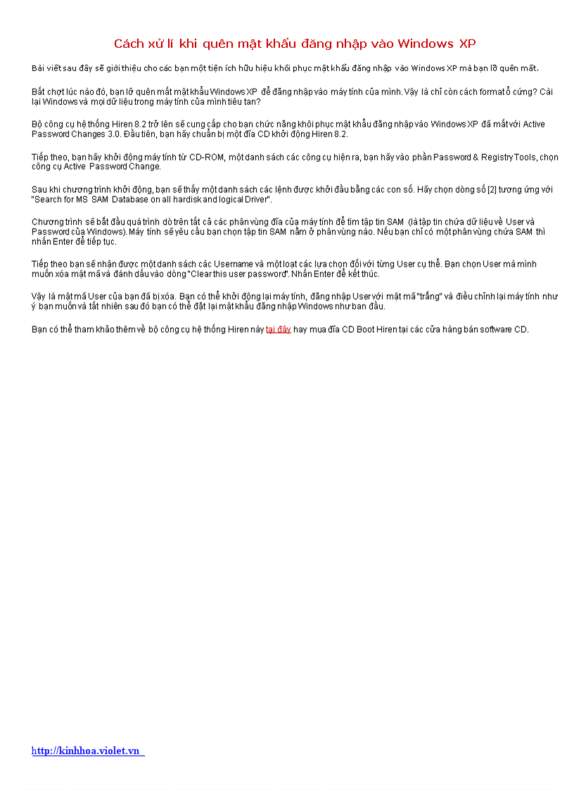 Cách xử lí khi quên mật khẩu đăng nhập vào Windows XP