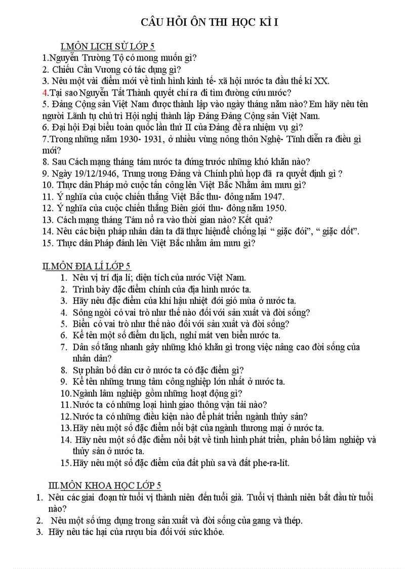 image for page Câu hỏi ôn thi HKI KH LS Đl