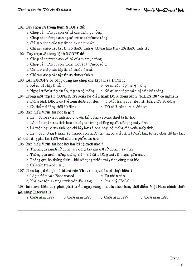 image for page Câu hỏi trắc nghiệm tin học chứng chỉ A