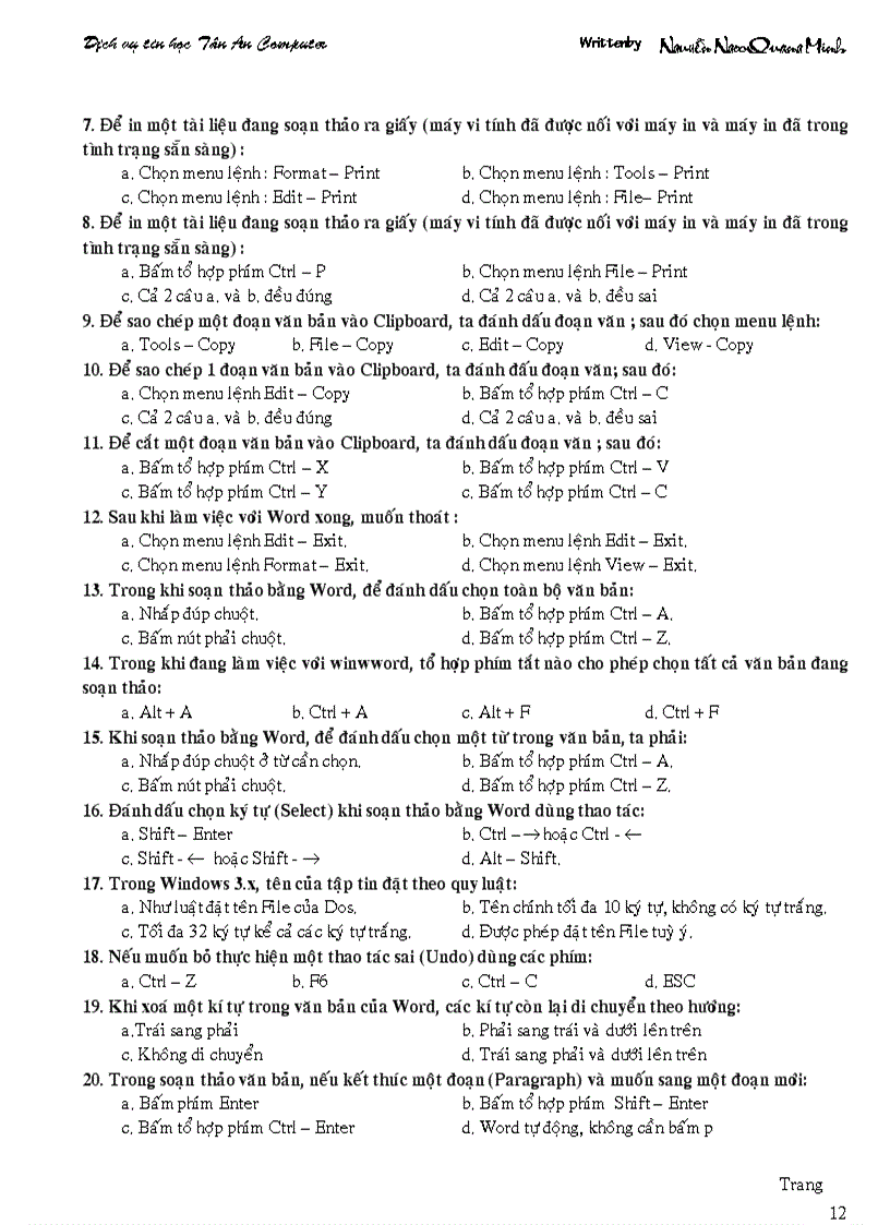 image for page Câu hỏi trắc nghiệm tin học chứng chỉ A