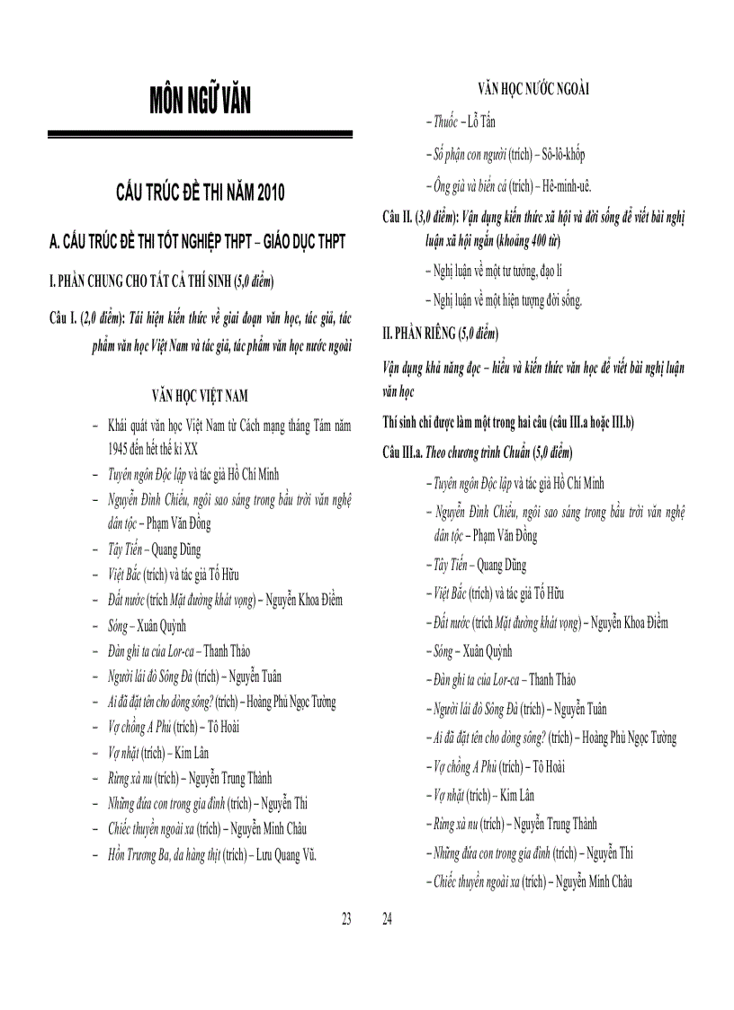 image for page Cấu trúc đề thi TN và CĐ Đh năm 2010