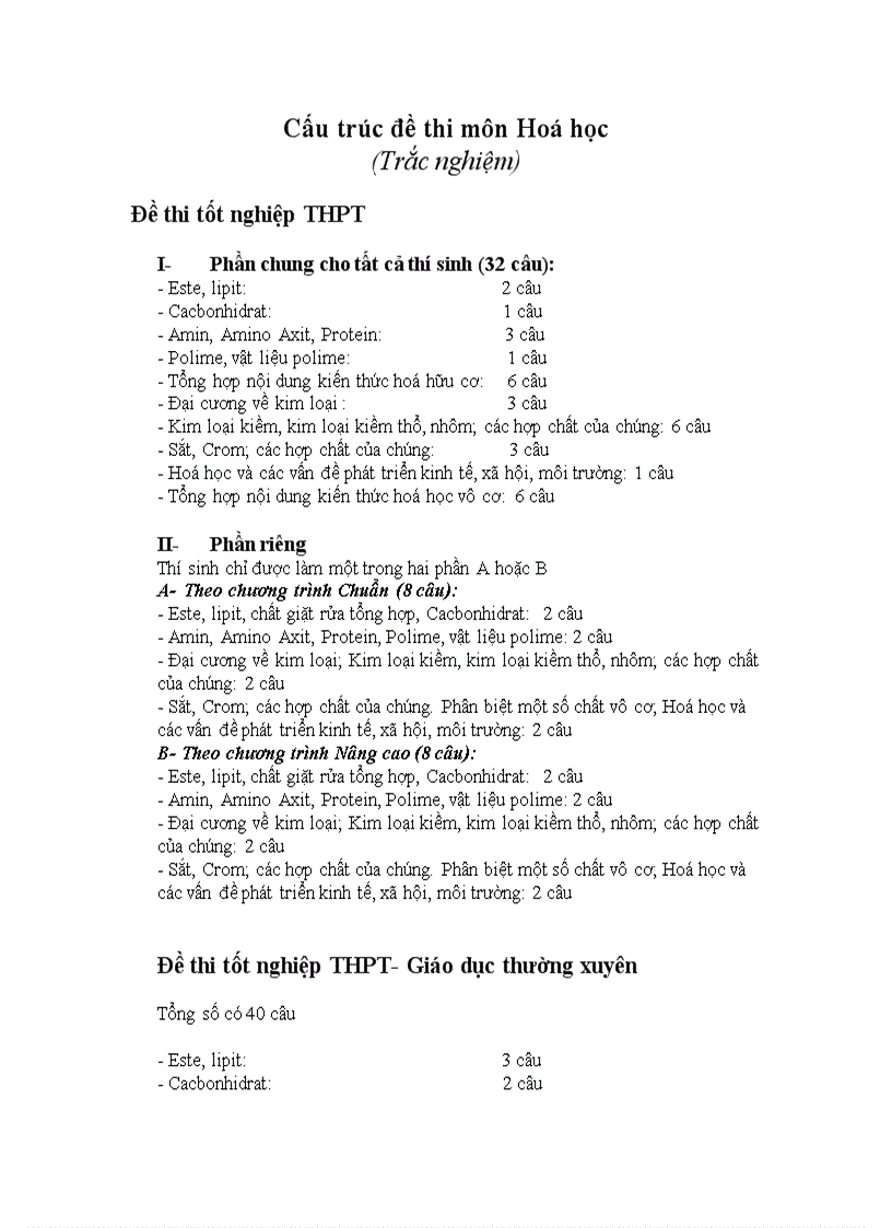 image for page Cấu trúc đề thi tốt nghiệp THPT và ĐH CĐ 2010 môn Hóa