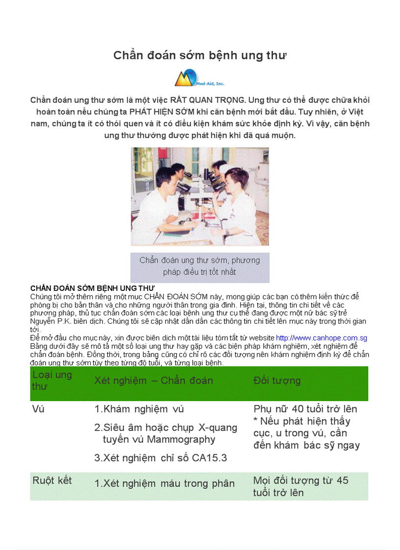 image for page Chẩn đoán sớm bệnh ung thư