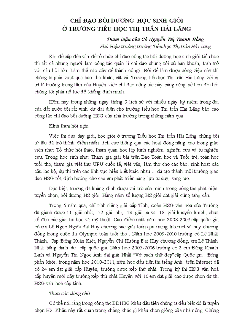 image for page Chỉ đạo công tác bồi dưỡng học sinh giỏi ở trường Tiểu học thị trấn Hải Lăng
