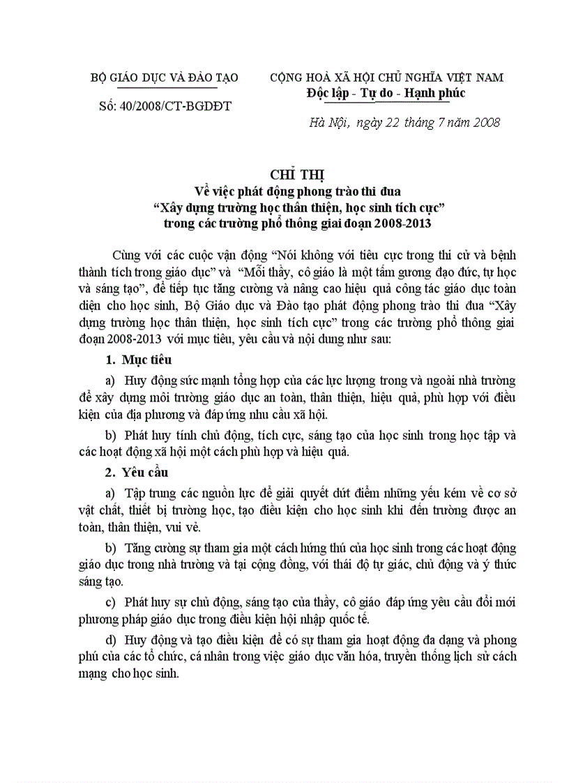 Chỉ thị 40 vể việc phát động phong trào TĐ xây dựng Trường học thân thiện học sinh tích cực