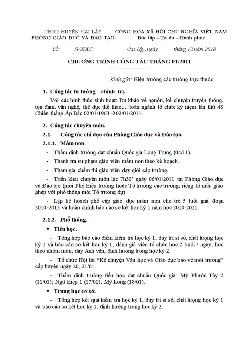 image for page Chương trình công tác tháng 01 năm 2011