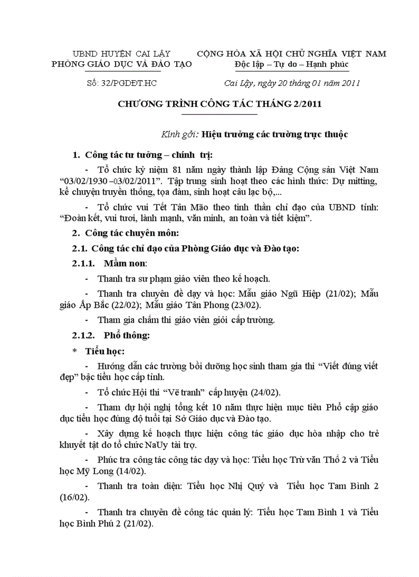 image for page Chương trình công tác tháng 02 năm 2011