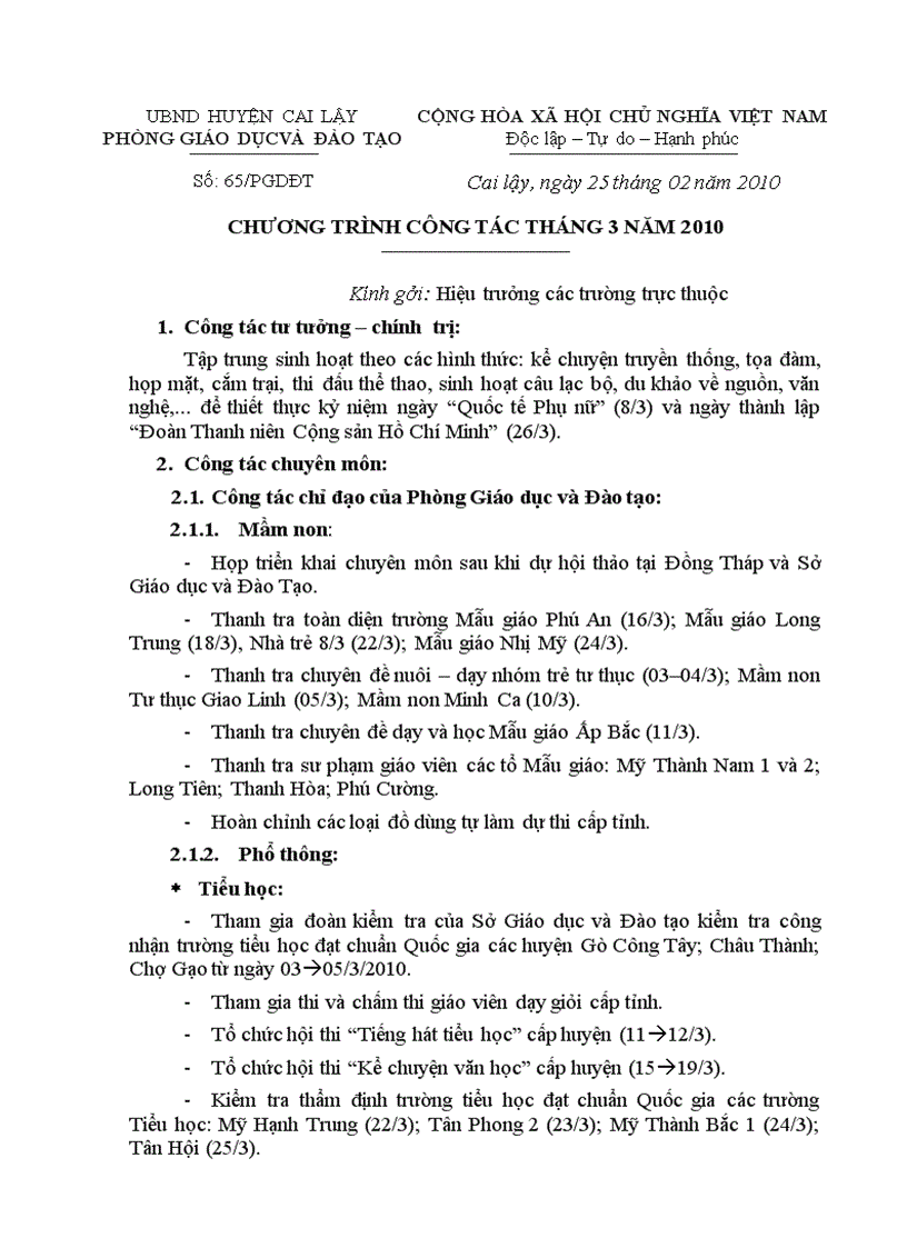 image for page Chương trình công tác tháng 3 năm 2010