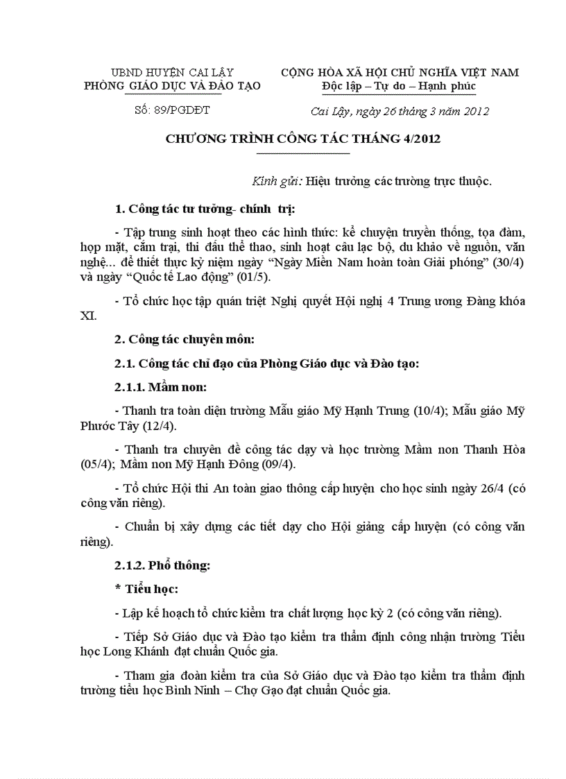 image for page Chương trình công tác tháng 4 năm 2012