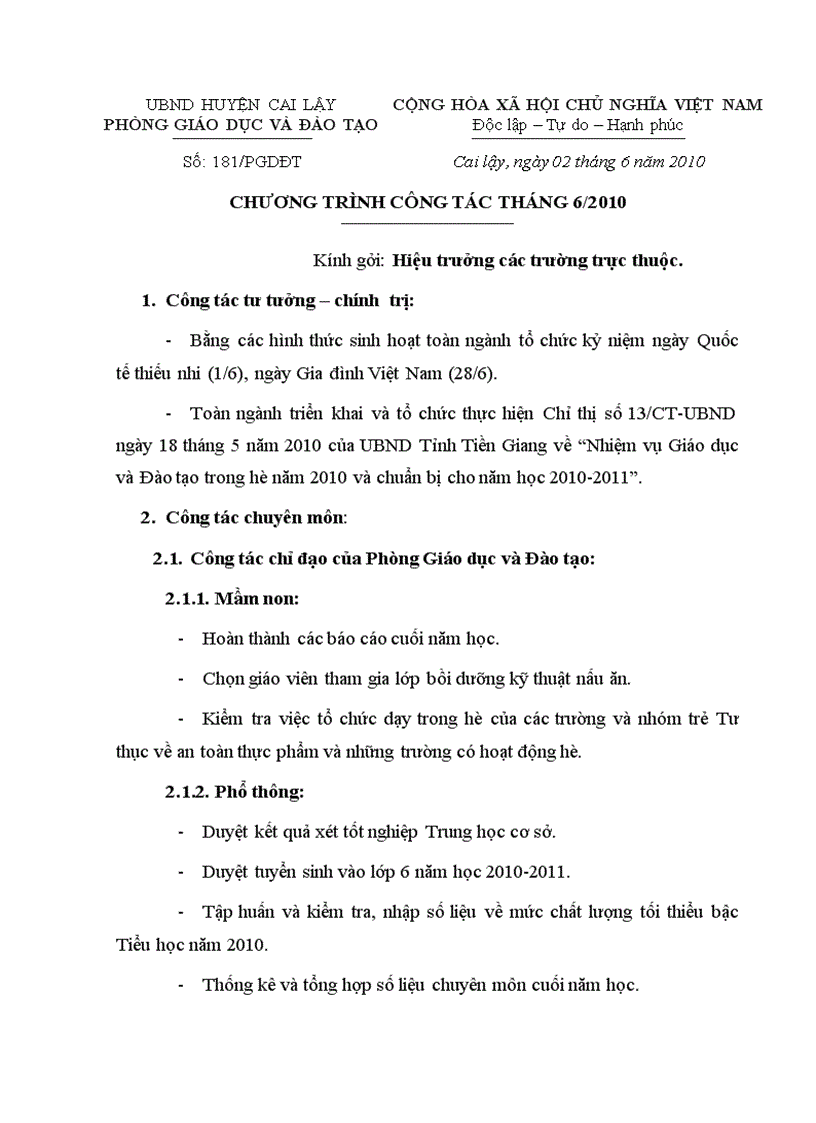 image for page Chương trình công tác tháng 6 năm 2010