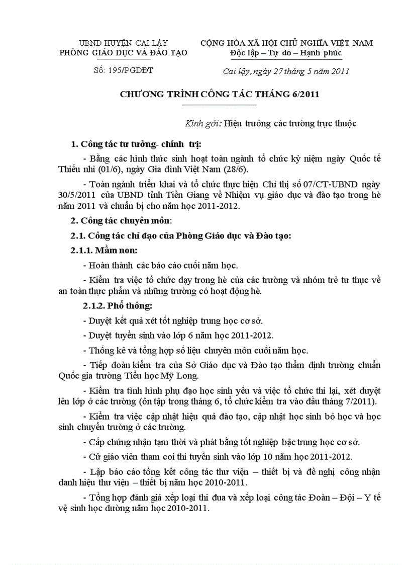 image for page Chương trình công tác tháng 6 năm 2011