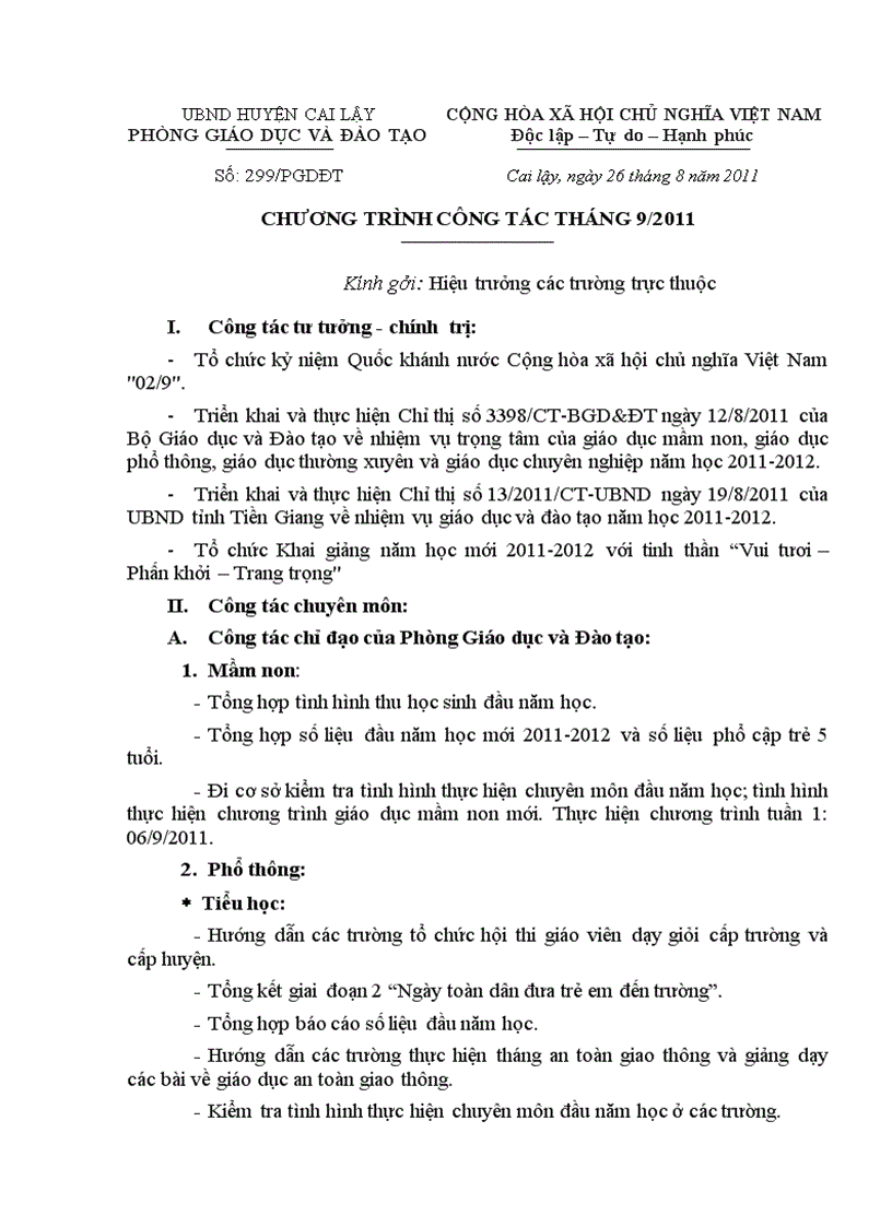 image for page Chương trình công tác tháng 9 năm 2011