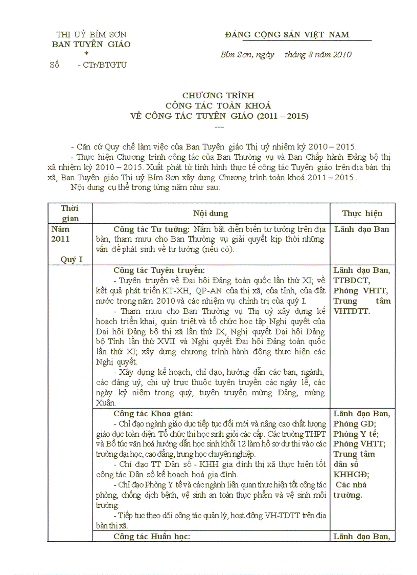 image for page Chương trình toàn khóa của Ban Tuyên giáo Thị ủy nhiệm kỳ 2010 2015