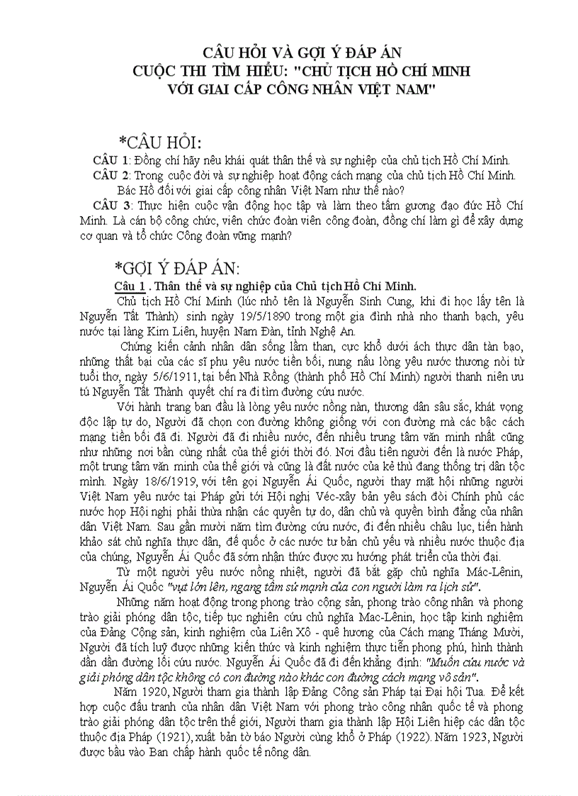 Đáp án cuộc thi tìm hiểu Chủ Tịch Hồ Chí Minh với giai cấp công nhân Việt Nam