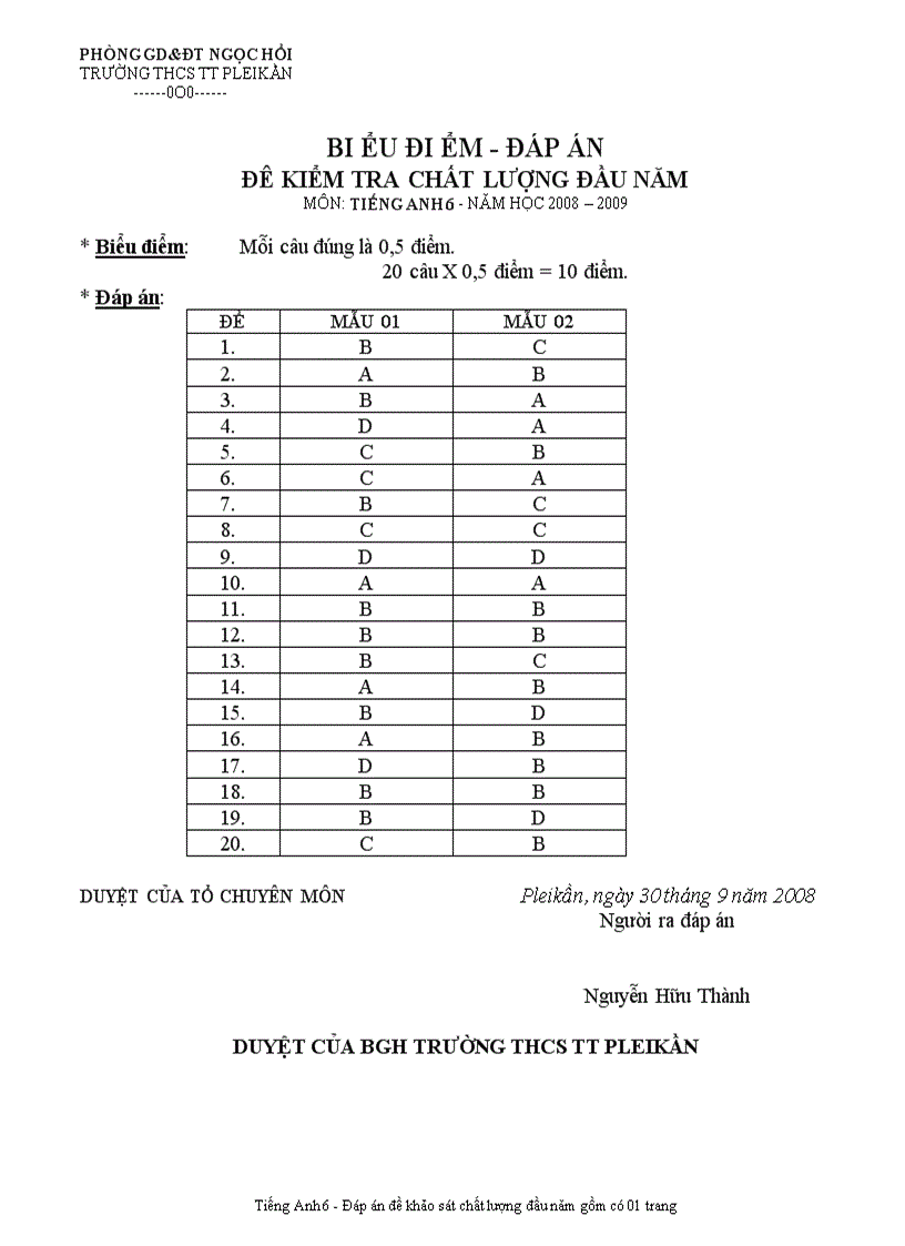 image for page Đáp án De khao sat dau nam