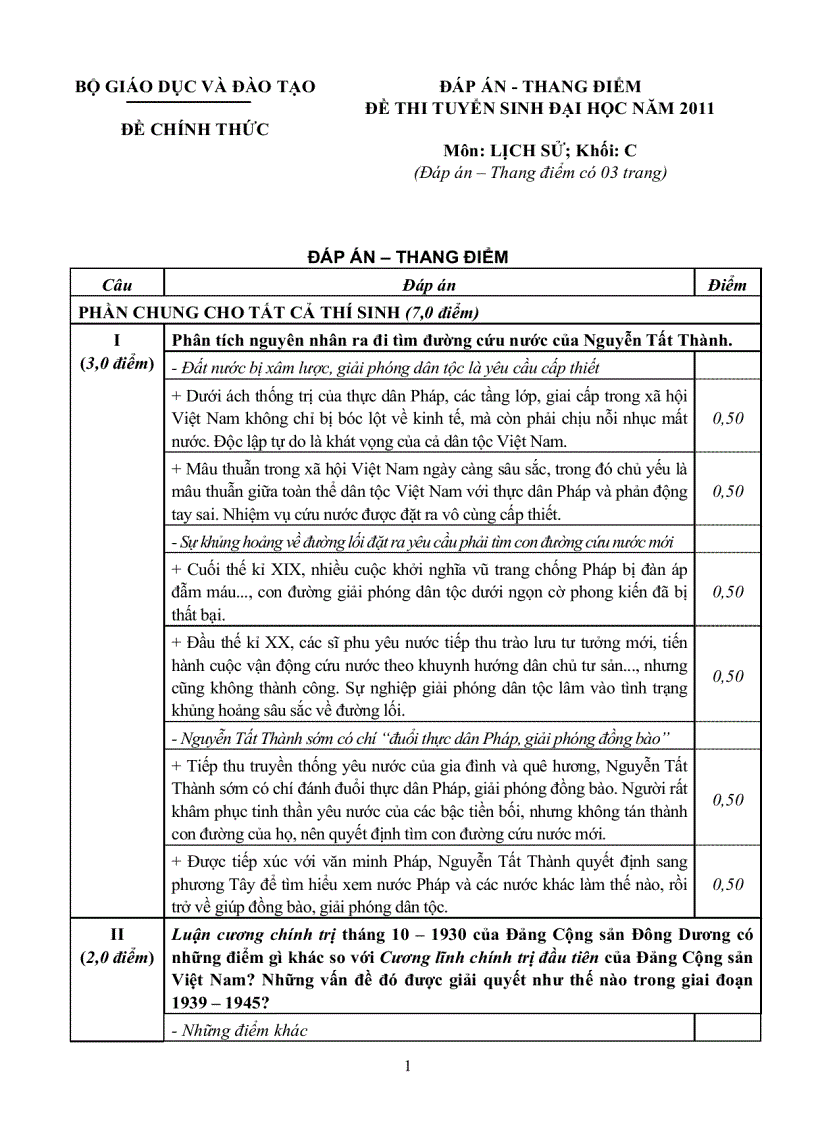 image for page Đáp án Lịch Sử khối C