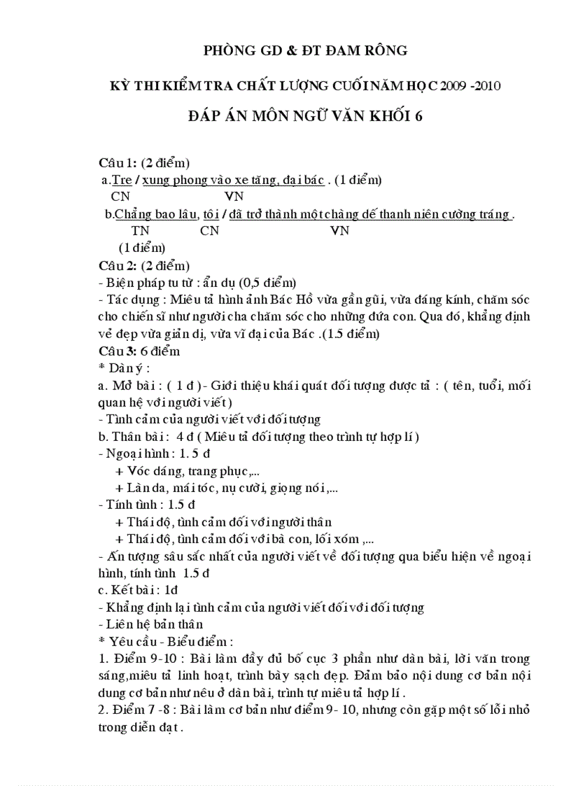 image for page Đáp án Ngữ văn 6 năm 2009 2010 Phòng giáo dục Đam Rông