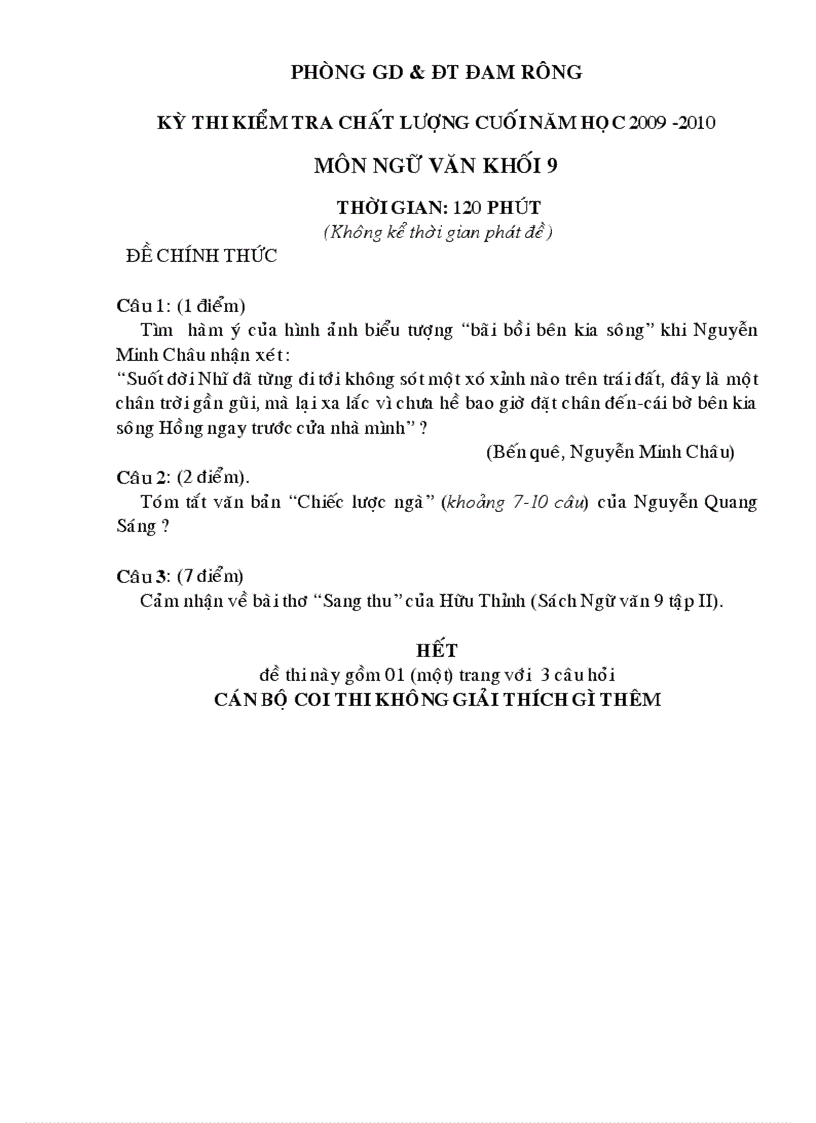 image for page Đáp án Ngữ văn 6năm 2009 2010 Phòng giáo dục Đam Rông