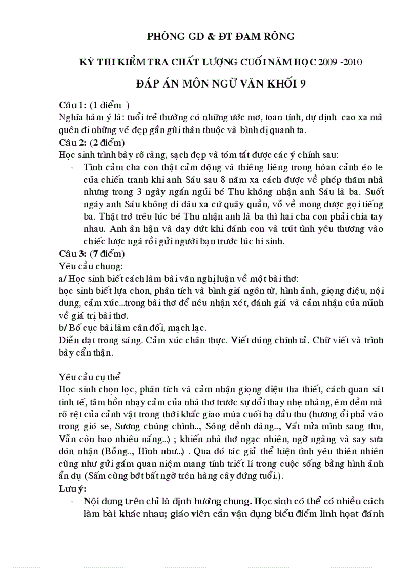 image for page Đáp án Ngữ văn 6năm 2009 2010 Phòng giáo dục Đam Rông