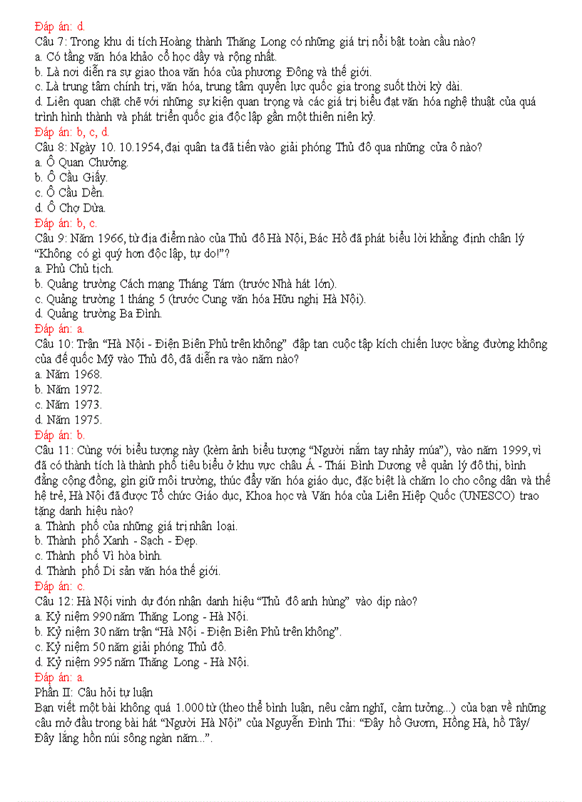 Đáp án Thăng Long Hà Nội ngàn năm văn hiến anh hùng
