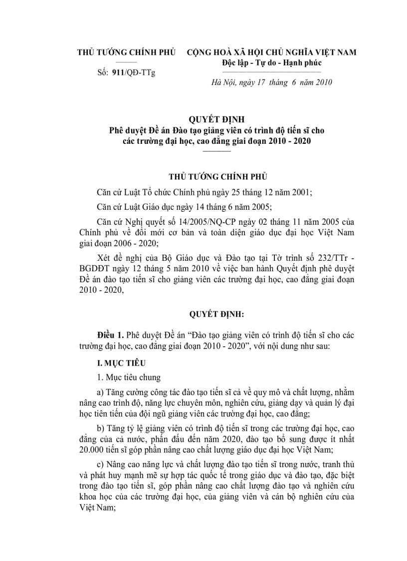 image for page Đề án đào tạo giảng viên có trình độ tiến sĩ cho các trường ĐH CĐ