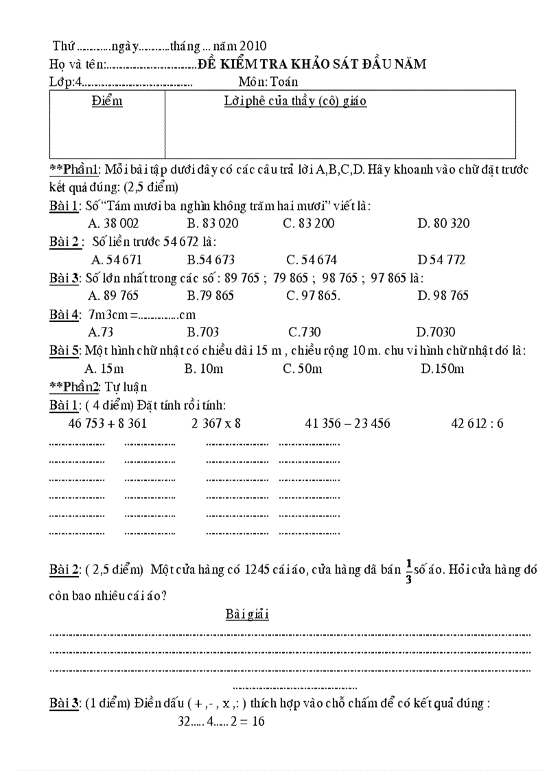 image for page Đề khảo sát lớp 4 đầu năm